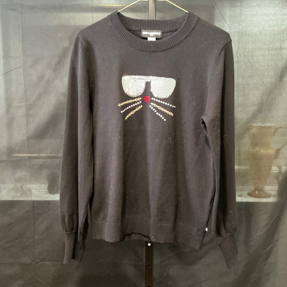 Karl Lagerfeld Paris Womens Black Cat Face Sequin Embellished Sweater Size S
